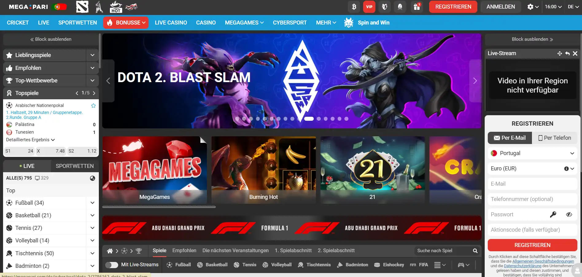 megapari Casino-Menü